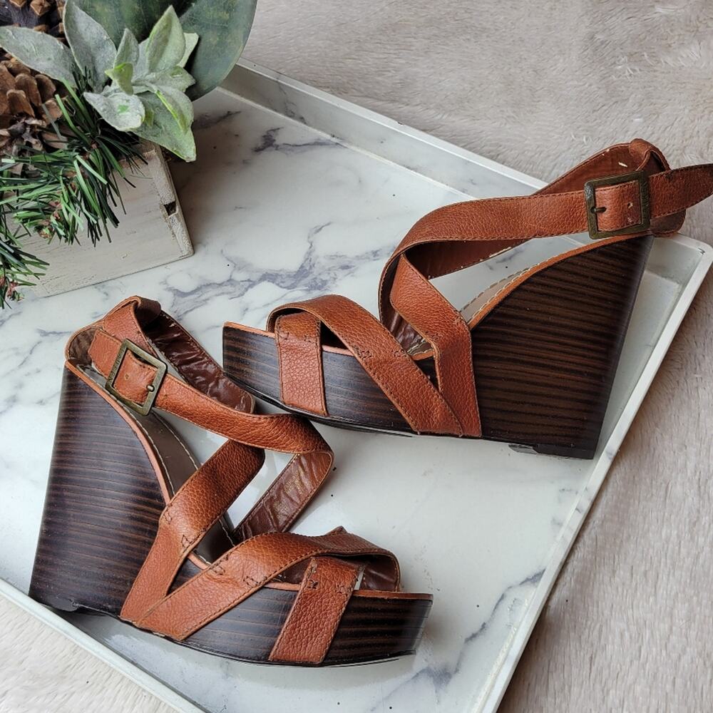 Ralph Lauren Brown Leather Strappy Wedge Sandals